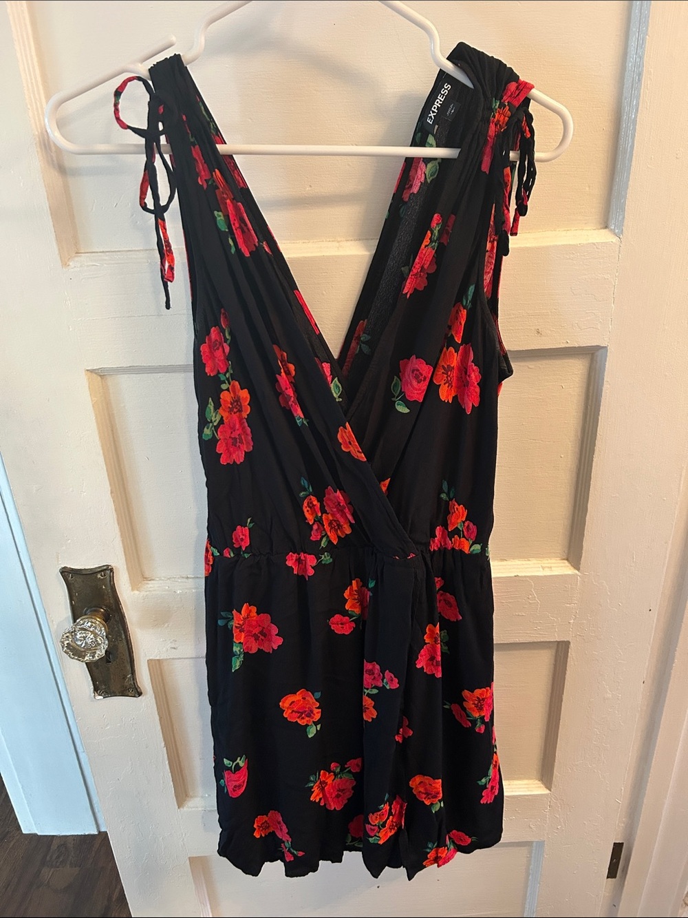 Express Black Mini Dress with Red Floral Accents
